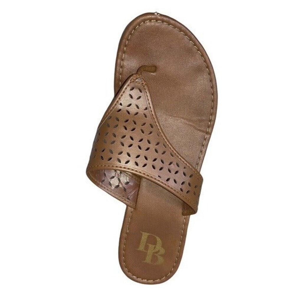 DB brands Brown faux leather lazer cut semi-platform small wedge flip flops SZ 7